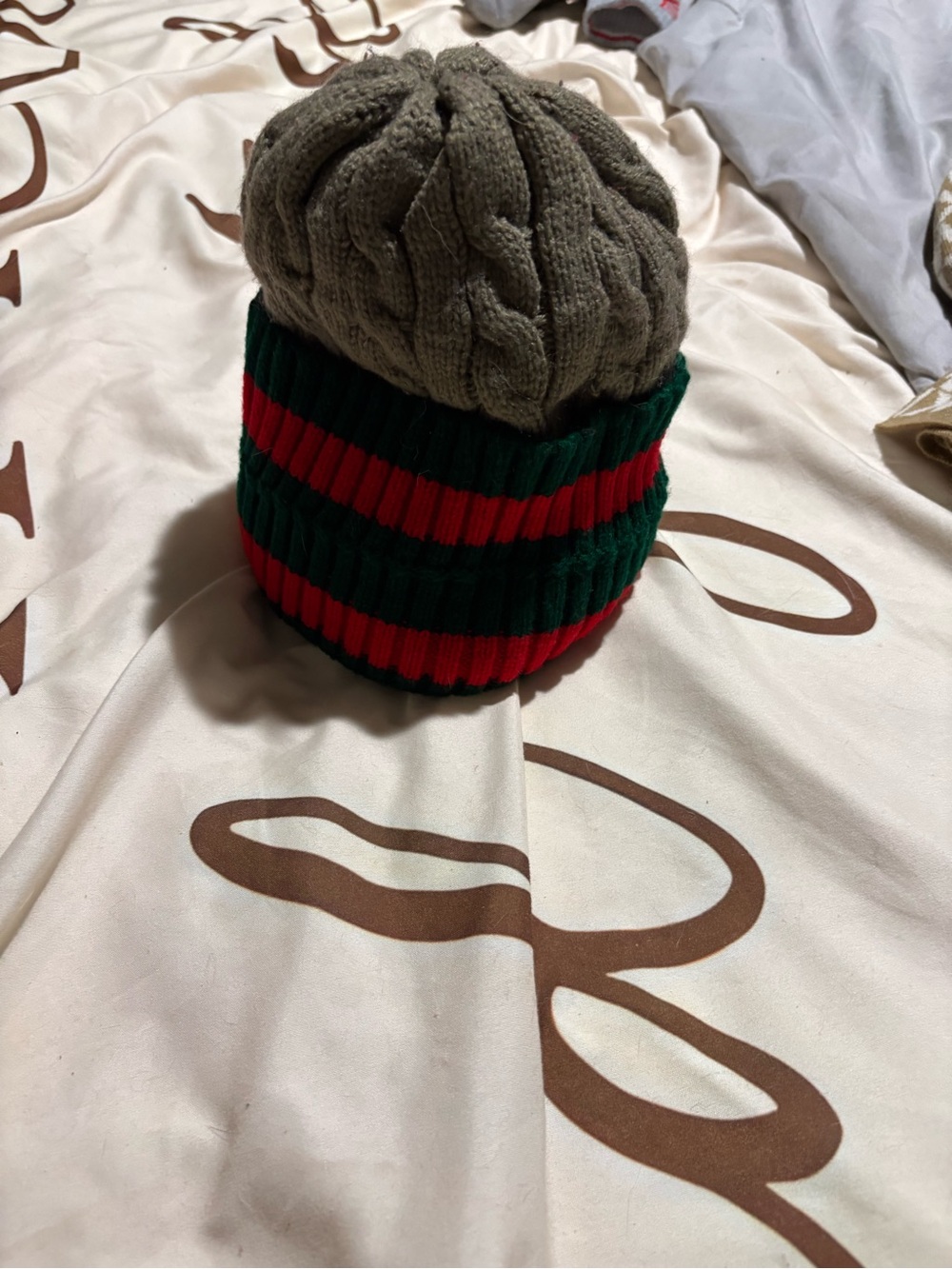 Knit Cable Beanie with Red and Green Striped Cuff